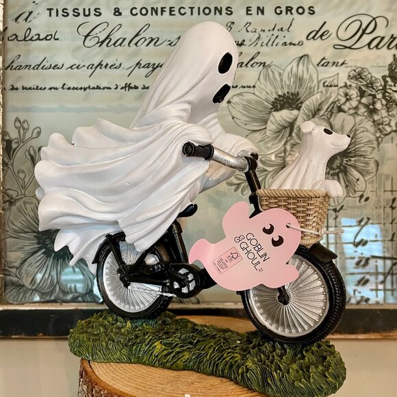NEW WITH TAGS Goblin & Ghoul Halloween Ghost on Bike with Dog in Basket - Picture 1 of 2